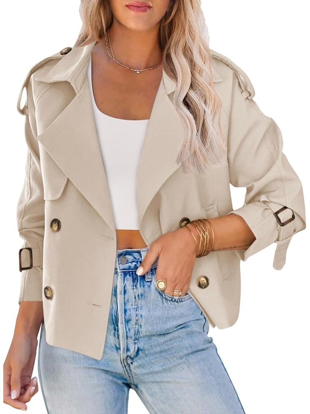 Women's Beige Cropped Raglan Sleeve Lapel Collar Double Breasted Trench Coat
